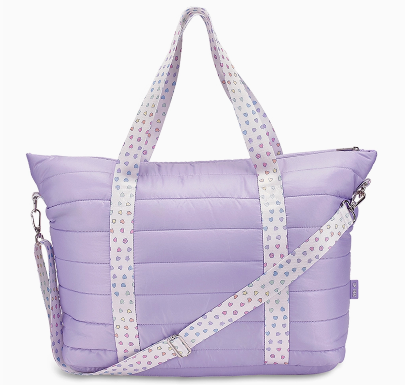 Purple Puffer Tote with Rainbow Heart Straps