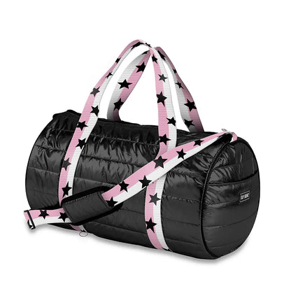 Black Puffer Duffle Bag Pink White Split Star Strap