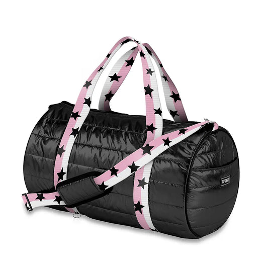 Black Puffer Duffle Bag Pink White Split Star Strap