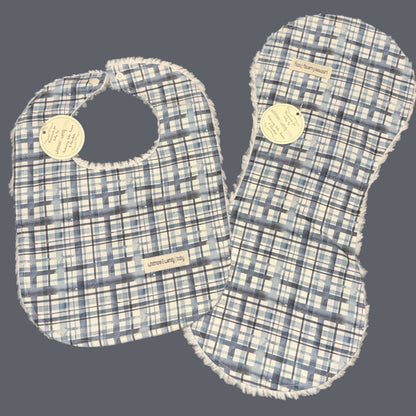 Blue watercolor plaid bib and burp cloth