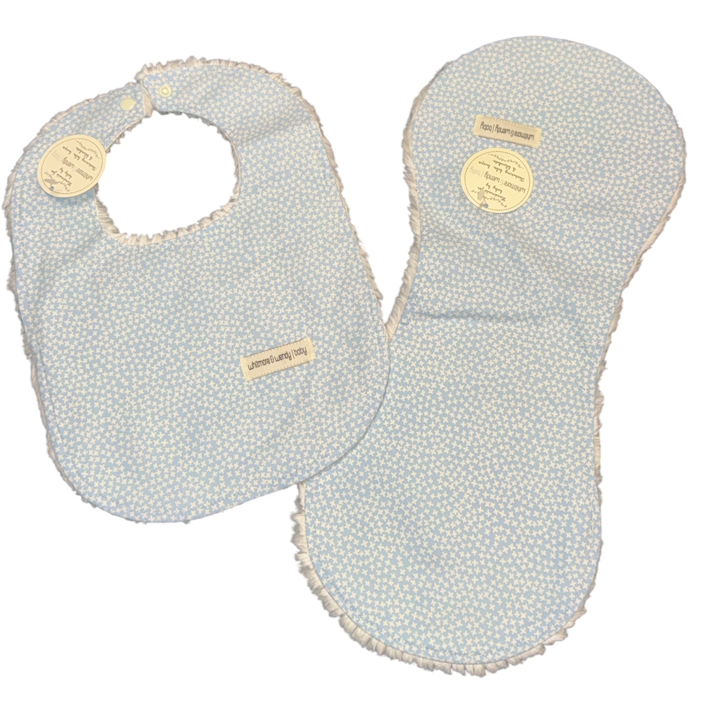 Kisses on blue bib and burp cloth set