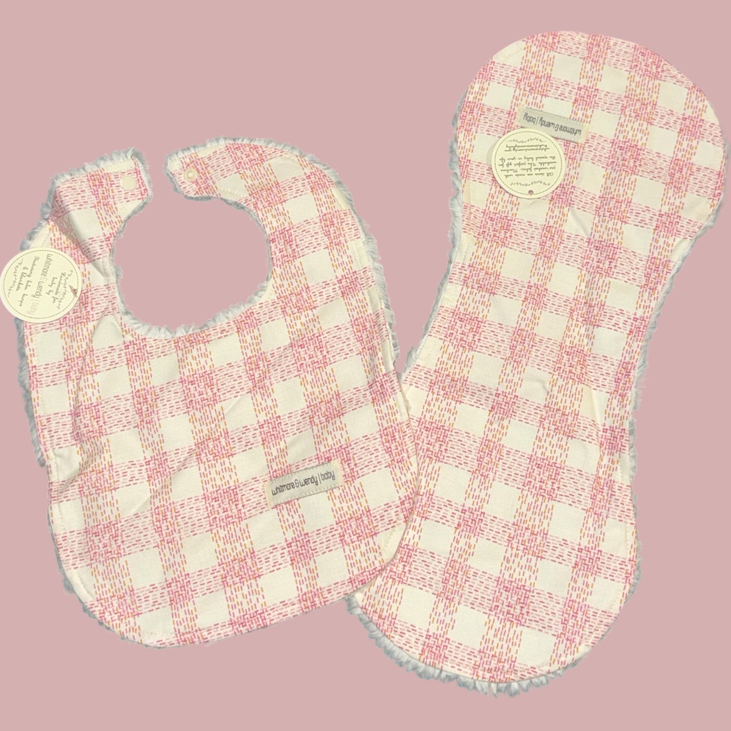 Pink Dotted Plaid bib and burp set