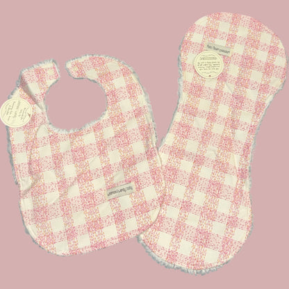 Pink Dotted Plaid bib and burp set