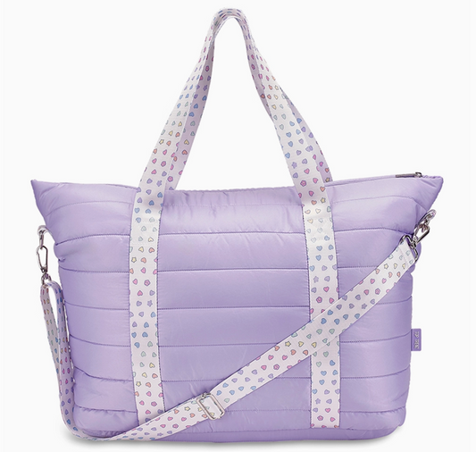 Purple Puffer Tote with Rainbow Heart Straps